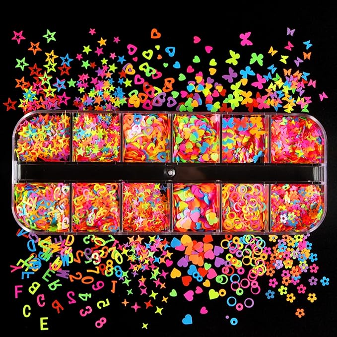 Fluorescent Glitter Nail Art Sequins, Holographic 3D Glitters Flakes Design, Love Heart Butterfly Flowers Letters Stars Circle Supplies for Women Manicure Charms Decorations DIY Resin Nail Art Tips