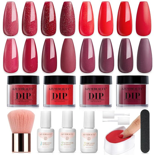 AZUREBEAUTY Dip Powder Nail Kit,4 Colors Red Burgundy Berry Dipping Powder System Liquid Set Recycling Tray with Base & Top Coat Activator for French Nail Art Manicure Salon DIY