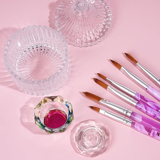 Acrylic Nail Brush Dappen Dish Set, 6PCS Nail Art Pen and 2PCS Crystal Dappen Dish, Manicure Bowl Cup Glass Container for Acrylic Liquid Nail Tool Kit
