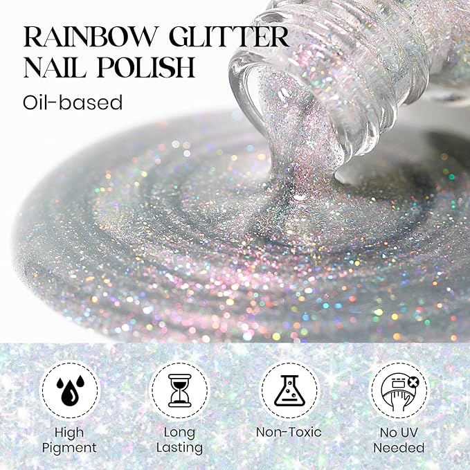 MIZHSE Rainbow Glitter Nail Polish, Quick Dry Iridescent Nail Polish, 15 ml 0.5 fl oz High Glossy Sparkle Shiny Nail Pigment Oil-based Nail Lacquer Nail Art Salon Manicure Home