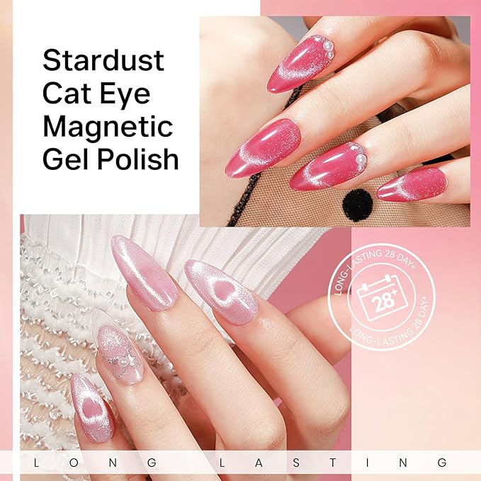 MIZHSE Cat Eye Gel Nail Polish, Neon Pink Magnetic Gel Polish Set with Magnet Stick, Crystal Smoothie Nude Hot Pink Cateye Effect Soak Off Nail Art Gift for Ladies