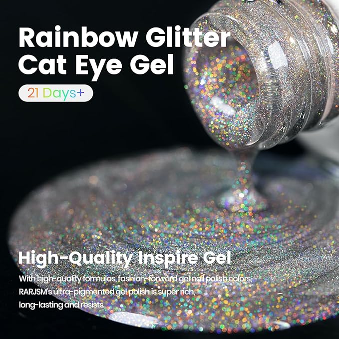 RARJSM Holographic Rainbow Aurora Cat Eye Gel Nail Polish Blue Purple Laser Iridescent Glitter Sparkle Cat Eye Gel Polish with Magnet Stick Soak off UV LED Curing Requires Home Salon Diy Nail Art