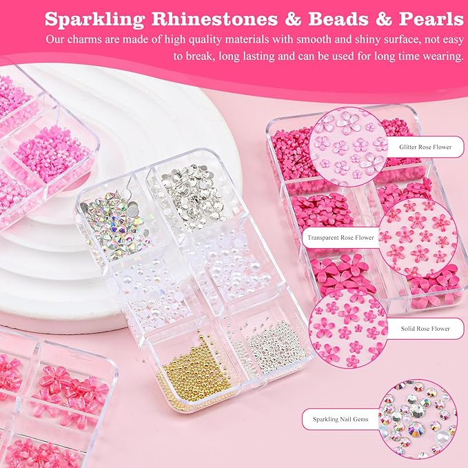 4 Boxes 3D Flower Nail Charms and Gems - Rose Nail Flower Charms Crystal AB Clear Gemstones Silver/Gold Caviar Beads White/AB Pearls for Women DIY Manicure Crafts (19-S4-Rose)