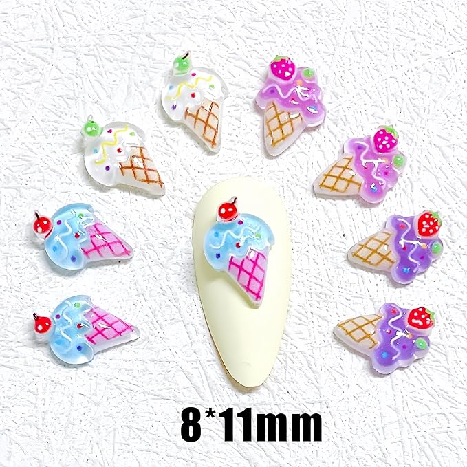 1 Box Kawaii Nail Charms Cartoon Ice Cream Nail Rhinestones 3D Flat Back Stones Summer Nail Gems Strawberry Head Ice Cream Rhinestones for Nails Mini Glass Gems Jewelry for Crafts Nail Accessories