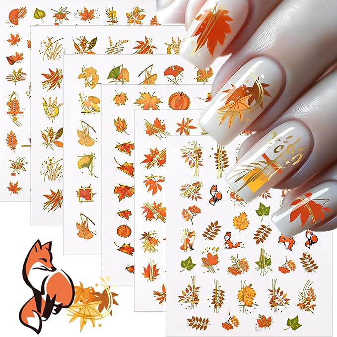 6 Sheets Fall Maple Leaf Nail Art Stickers 3D Self-Adhesive Glitter Gold Gilding Line Nail Design Stickers Cute Fox Pumpkin Nail Decals Thanksgiving Nail Art Decorations for Women Acrylic Manicure DIY