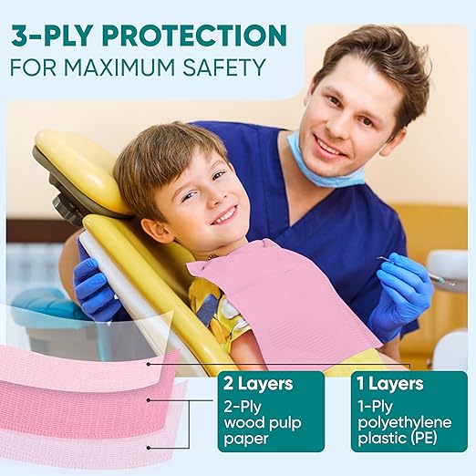 Amira Beauty Disposable Dental Bibs 13" x 18" – 3-Ply, Soft, Tear-Resistant, Waterproof Bibs for Dental, Nail, and Salon Professionals, Tattoo Napkins for Piercing, Pink, Pack of 50