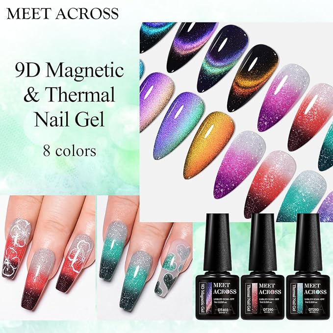 MEET ACROSS 8pcs Nail Polish Set, Soak off UV LED Lamp Cat Eye Gel Set Home Manicure Kit 7ml (Glitter Temper + 9D Cat Eye Gel)