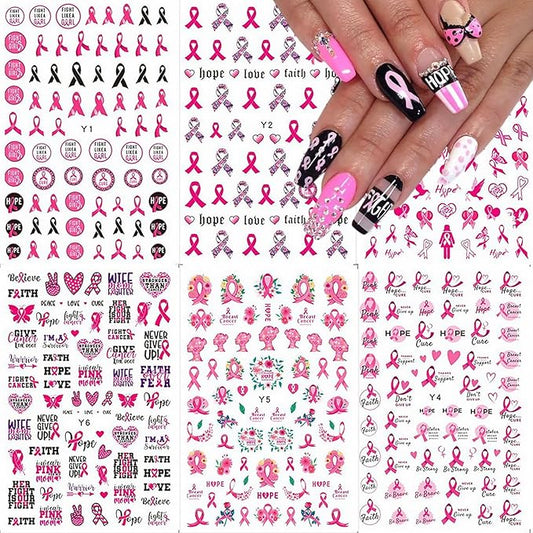 6 Sheets Breast Cancer Nail Art Stickers - 3D Self-Adhesive Heart Letter Nail Decals Pink Ribbon Breast Cancer Nail Designs for Women & Girls Acrylic Manicure Salon