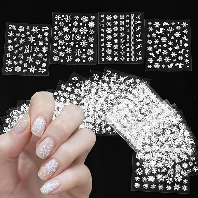 30 Sheets Christmas Snowflakes Nail Art Stickers for Nails Kit White Snowflakes Winter Nail Stickers Snowmen Santa Claus Elk Snow Design Xmas Holiday Nail Art Supplies for Women Girls Manicure