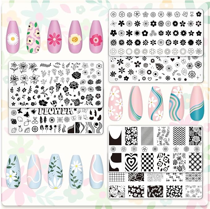 Whaline 6Pcs Simple Floral Nail Plates Stamping Set Flower Leaves Stamp Templates Nail Art Plates for DIY Print Manicure Salon Design Gift