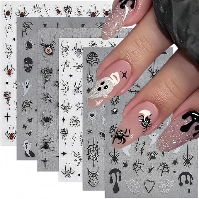 Spider Ghost Nail Stickers for Nail Art, Halloween Cute Spider Web Crystal Diamond Spider Design Nail Decals 3D Self-Adhesive Halloween Nail Art Stickers Holiday Nail Decoration for Women 6Sheets