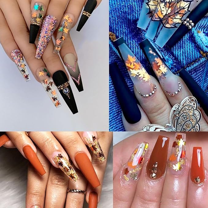 Fall Nail Art Glitters Shiny Mixed Golden Maple Leaf Nail Sequins Holographic Maple Leaves Nail Glitter Flakes Sparkly Autumn Winter Nail Designs Fall Stickers Decals Thanksgiving Decorations (1Bag)