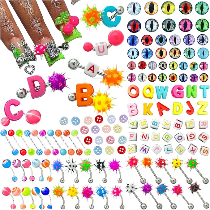 440PCS Nail Charms for Acrylic Nails,Puncture Charms Colourful Alphabet Beads Buttons Eye Nail Accessories Nail Art Supplies Manicure Craft DIY