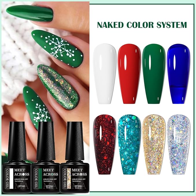 MEET ACROSS Christmas Gel Nail Polish Set, 8 Colors Red Sparkle Green Glitter Gold Silver Winter Gel Polish Dark Green Dark Red Gel Polish Kit Soak Off Nail Lamp Uv LED Nail Art Design for Women