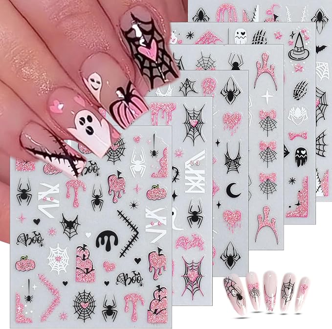 6 Sheets Halloween French Nail Stickers for Nail Art Cute Ghost Spider Web Bat Nail Decals Pink Glitter Pumpkin Blood Nail Design Stickers 3D Self-Adhesive Holiday Nails Art Supply for Women Manicure