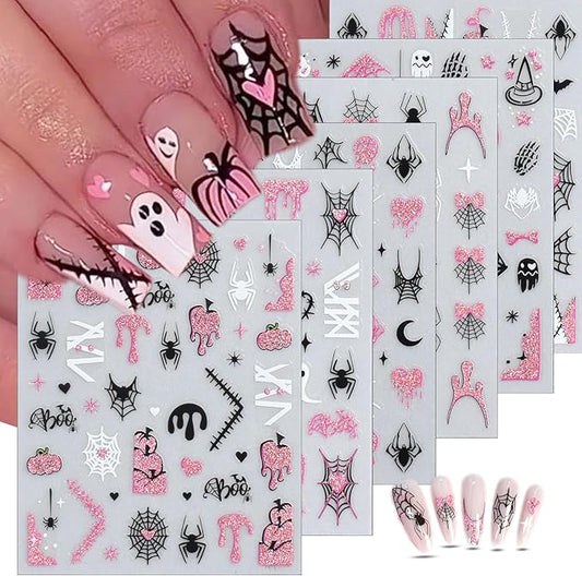 6 Sheets Halloween French Nail Stickers for Nail Art Cute Ghost Spider Web Bat Nail Decals Pink Glitter Pumpkin Blood Nail Design Stickers 3D Self-Adhesive Holiday Nails Art Supply for Women Manicure