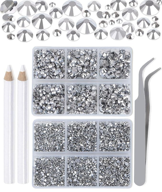 LPBeads 6000 Pieces Metallic Silver Non Hotfix Rhinestones 6 Sizes Round Crystal Glass Flat Back Rhinestones with Tweezers and Picking Pen for Nail Art Crafts Clothes Bags DIY