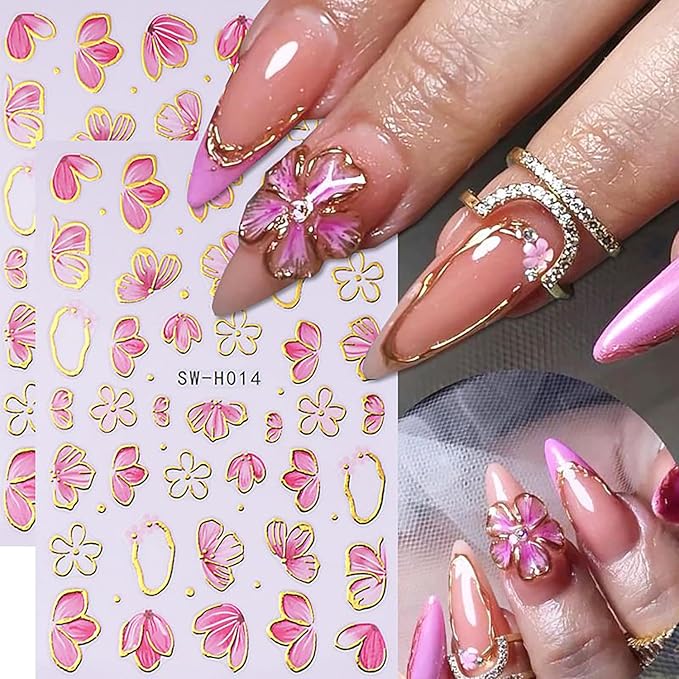 6 Sheets Flower Nail Art Stickers 3D Self-Adhesive Hot Stamping Blossom Nails Sticker Spring Nail Art Decals Holographic Floral Nails Decal Decoration for Women Flowers Manicure DIY Nail Supplies