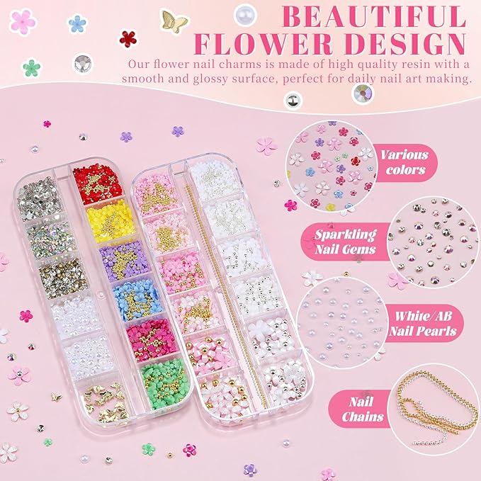 2 Boxes Colorful Flower Nail Charms and Gems, Pink Nail Flower Charms Metal Butterfly Crystal AB Clear Gemstones Silver/Gold Caviar Beads White/AB Pearls with Nail Chain for DIY Nails (5-S2-Mixed2)