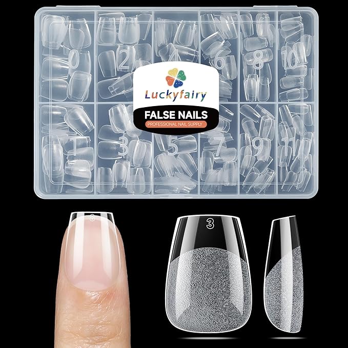 Luckyfariy Extra Short Coffin Nail Tips, 240Pcs Pre-shaped Half Matted Full Cover Ballerina Fake Nails Press on Extension, Soft Gel Clear Tips Home DIY Mani 12 Sizes