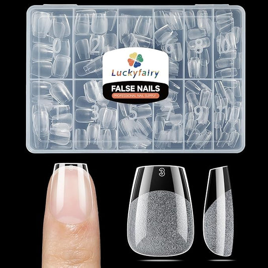 Luckyfariy Extra Short Coffin Nail Tips, 240Pcs Pre-shaped Half Matted Full Cover Ballerina Fake Nails Press on Extension, Soft Gel Clear Tips Home DIY Mani 12 Sizes