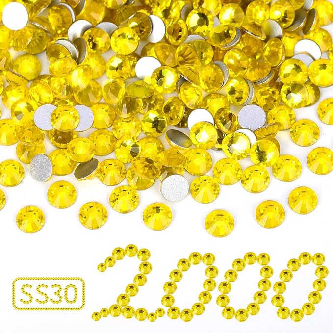 2000PCS Lemon Yellow Rhinestones Bulk, Flat Back Crystal Glass Stone Round Gems,SS30, 6.4-6.6mm