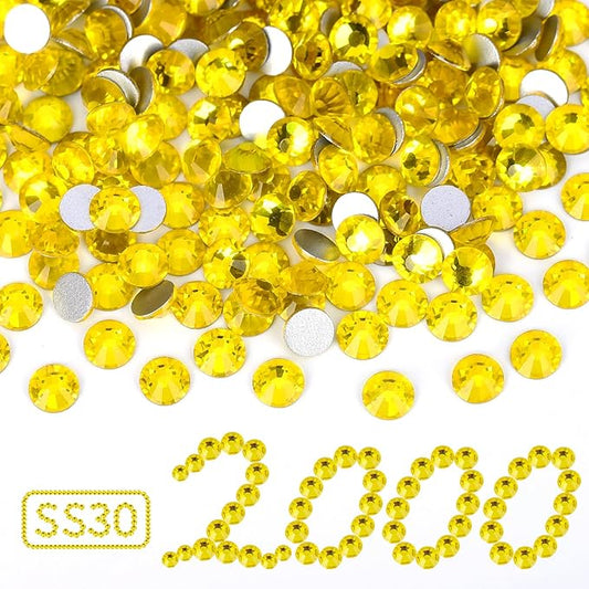 2000PCS Lemon Yellow Rhinestones Bulk, Flat Back Crystal Glass Stone Round Gems,SS30, 6.4-6.6mm
