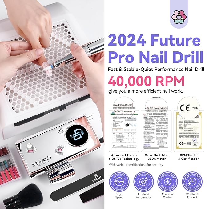 SAVILAND Electric Nail Drill Professional: 2024 Pro Future Tech 40000RPM Nail Drill Kit E File for Acrylic Nails Gel Polish Rechargeable 6000mAh Portable Nail Filer Drill Bits Salon