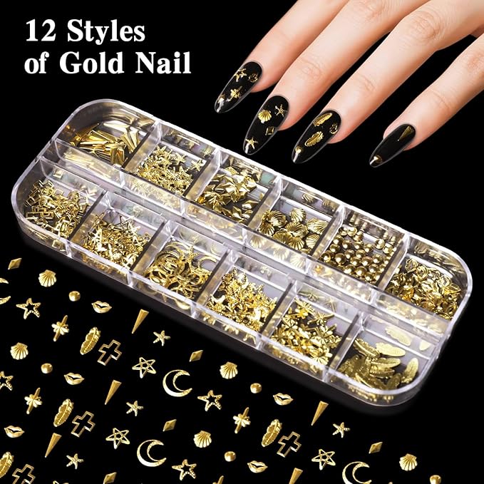 6 Boxes Nails Charms, 15 Sheets Gold Stickers, Shiny Colorful Nail Art Rhinestones Kit, 3D Nail Gems, Decals, Stickers and Pearls, Dotting Tools, DIY Accessories, Nails Decoration