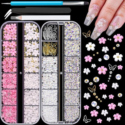 3D Nail Charms, Butterfly White Pink Flower Starry AB Gemstones Caviar Beads Half Round Pearl, Flat Back Glass Crystal AB + Transparent Clear Round Rhinestones for Nails with Pickup & Dotting Tools