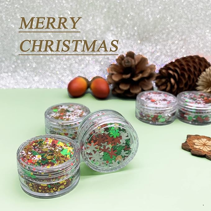 Glitter SUPGIFT 15 Colors 130g Holographic Christmas Snowflake Tree Heart Star Pentagram Chunky Cosmetic Laser Sequins for Makeup Hair Body Nail Art Slime Craft Resin with Brush 5 Spoons