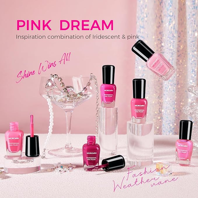 Morovan Pink Nail Polish Set: 6 Colors Neon Hot Pink Nail Polish Glitter Pearl Bright Iridescent Quick Dry Fuchsia Mini Pack Shimmer Manicurist Valentine's Day Gift for Women Girls