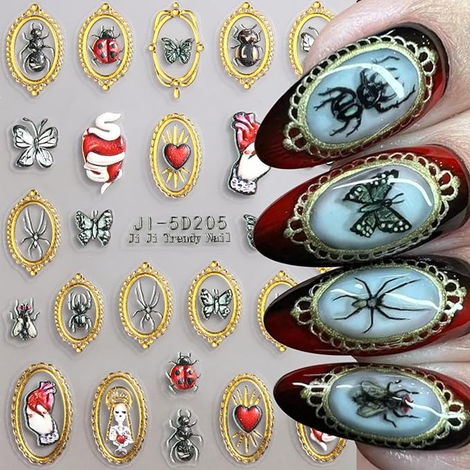2Pcs Retro Halloween Nail Stickers Butterfly Decals for Nail Art Spider Nail Design Insect Gold Mirrors Nails Supplies 5D Embossed Heart Nails Acrylic Accessories for Women DIY Manicure Decoration
