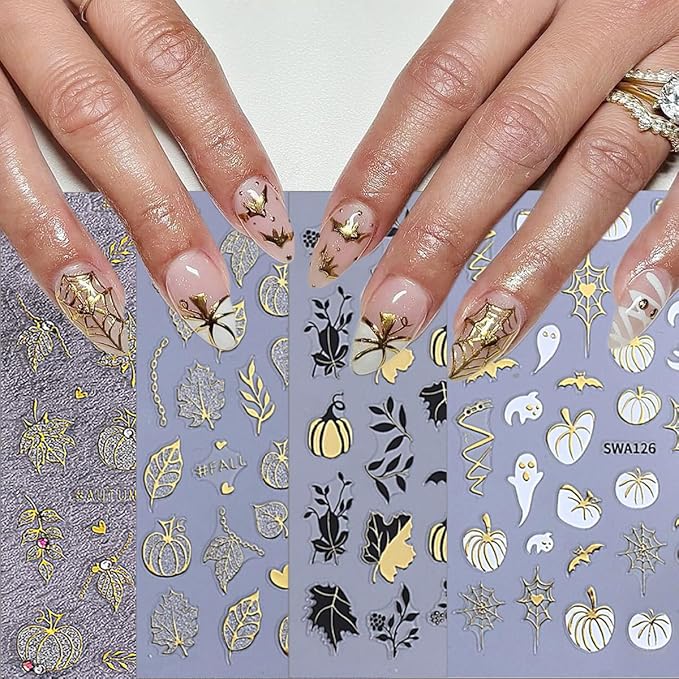 4 Sheets Halloween Nail Art Stickers Decals Fall Nail Decals Gold 3D Self-Adhesive Ghost Bat Spider Web Pumpkin Nails Decor Autumn Maple Leaf Nails Designs Stickers for Women Party Manicure Supplies