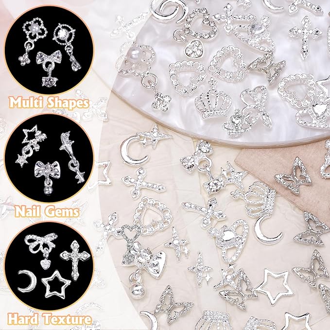 100 Pcs Silver Nail Charms and Gems, Silver Dangle Star Bows Nail Gems Charms, Metal Crown Heart Butterfly Charms for Acrylic Nail Art Alloy Cross Nail Charms for Women DIY Accessories