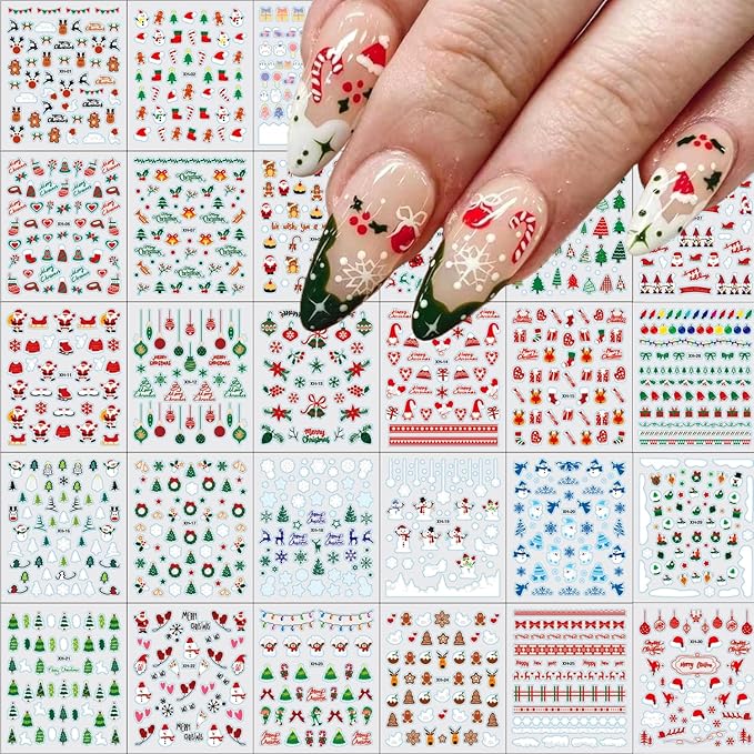 30 Sheets Christmas Nail Stickers 3D Self Adhesive Red Santa Claus Nail Decal for Nail Art Green Christmas Tree Nail Art Stickers Christmas Nail Art Supplies for Women Girls DIY Manicure Decorations