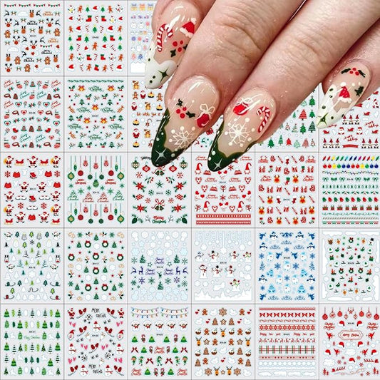 30 Sheets Christmas Nail Stickers 3D Self Adhesive Red Santa Claus Nail Decal for Nail Art Green Christmas Tree Nail Art Stickers Christmas Nail Art Supplies for Women Girls DIY Manicure Decorations
