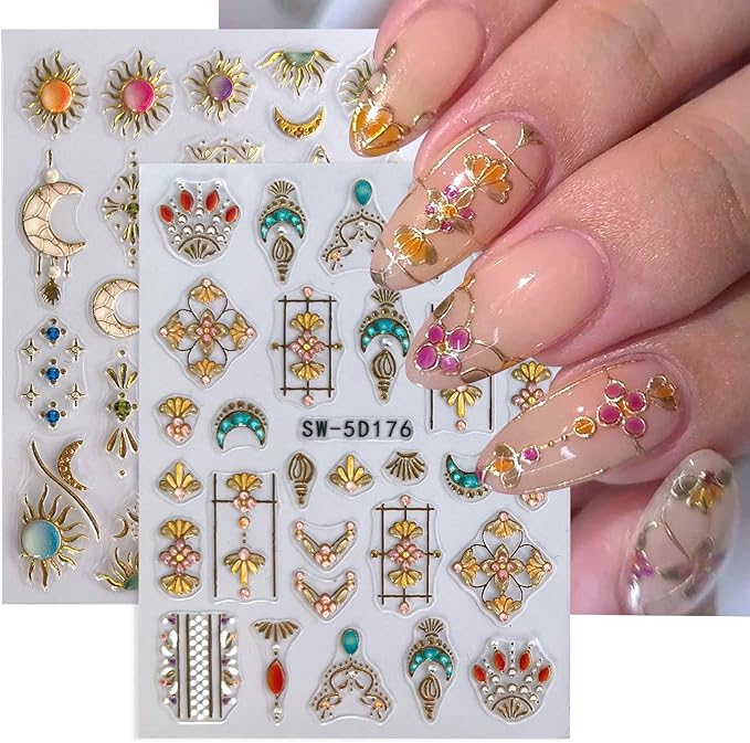 MUIIIGOOD 2 Sheet Sun Moon Stars Boho Nail Stickers Charms for Nail Art 5D Embossed Bohemian Style Floral Nail Decals Metallic Gold Sun Moon Star Luxury Celestial Nail Art Stickers Supplies for Women
