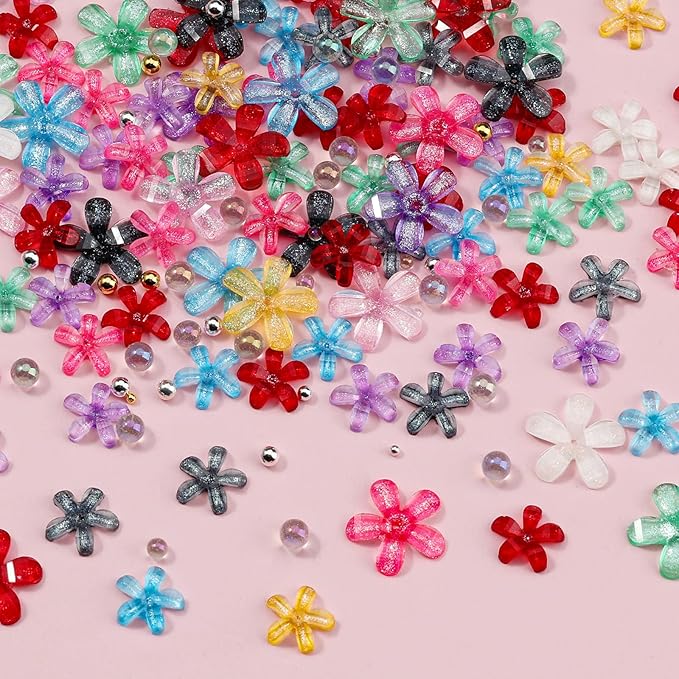3D Colorful Flower Nail Charms with Nail Beads & Bubble Beads - Transparent Flower Charms, Gold/Silver Caviar Beads and Mixed Sizes Glass Bubble for Women Nails Design DIY Crafts (2-S1-Transparent)