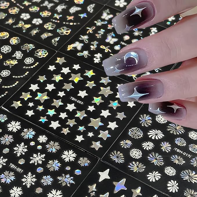 30 Sheets Aurora Nail Art Stickers Decals 3D Self Adhesive Flower Nail Stickers Aurora Moon Star Nail Decals for Nail Art Leaf Heart Nail Design for DIY Acrylic Nails Decoration Accessories for Women