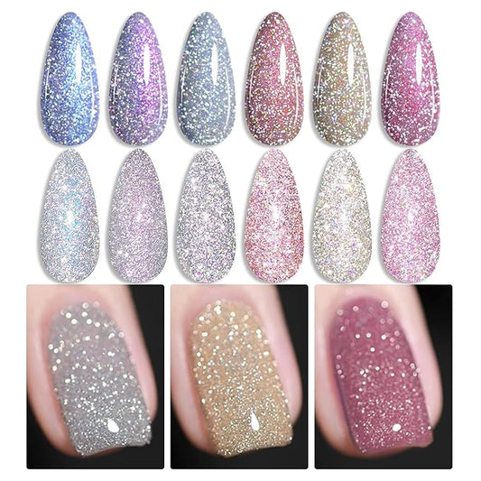 Born Pretty Reflective Glitter Gel Polish Christmas Gold Silver Glitter Sparkly Shiny Disco DJ LED Gel Nail Polish Nail Varnish 6PCS 7ML