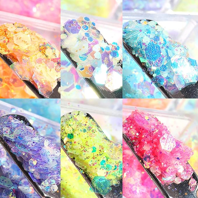 Luminous Nail Glitter Sequins Fluorescent Iridescent Mixed Hexagon Flakes Decoration Holographic 3D Glow Ultra-Thin Confetti Nails Supplies for Women Girls Manicure Tips DIY Crafts Makeup (6 Colors)