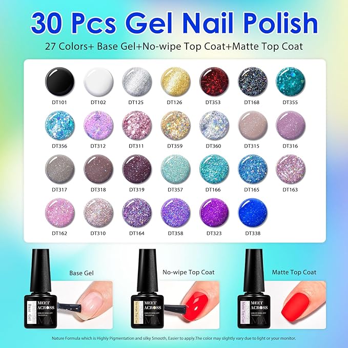 MEET ACROSS Gel Nail Polish Set,Gel Nail Kit Art Design Soak Off UV LED,Nail Art Design Gifts for Women (Set-10, 30PCS)