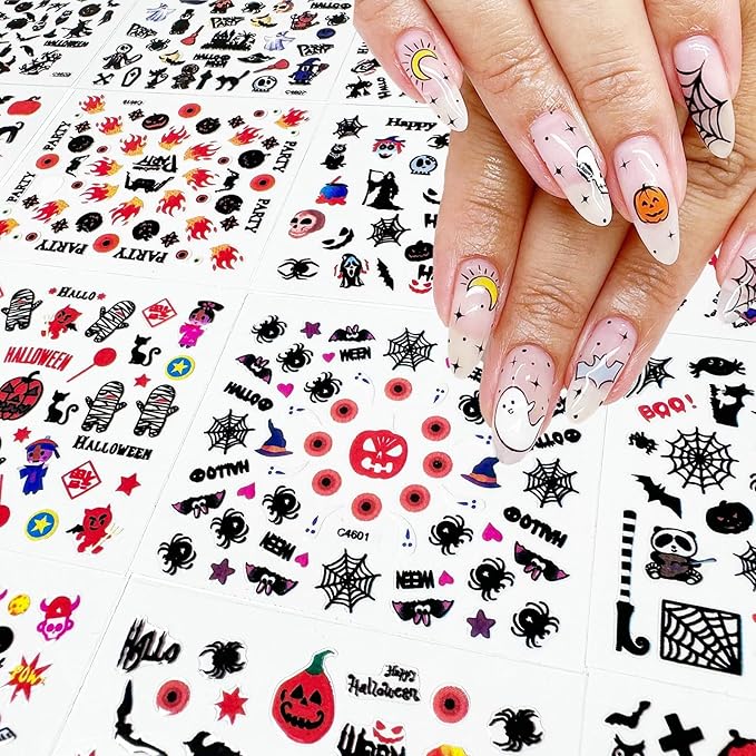 30 Sheets Halloween Nail Stickers Pumpkin Ghost Face Nail Charms Decals 3D Self Adhesive Spider Web Cat Bat Manicure Art Sticker for Acrylic Nails DIY Decorations