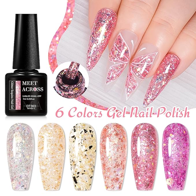 MEET ACROSS Gel Nail Polish Set 6 Pcs Glitter Colors Gel Nail Kit Art Design Soak Off UV LED (SET-6, 6pcs)