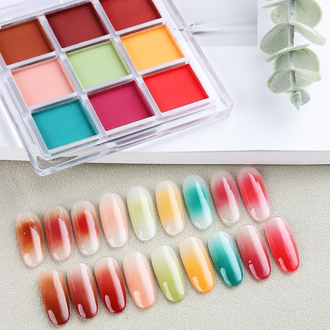Nail Powder Pigment Palette - 9 Colors Ombre & Gradient Nail Art Design - Includes 5 Sponge Sticks & 1 Brush - DIY Manicure Kit for Beginners