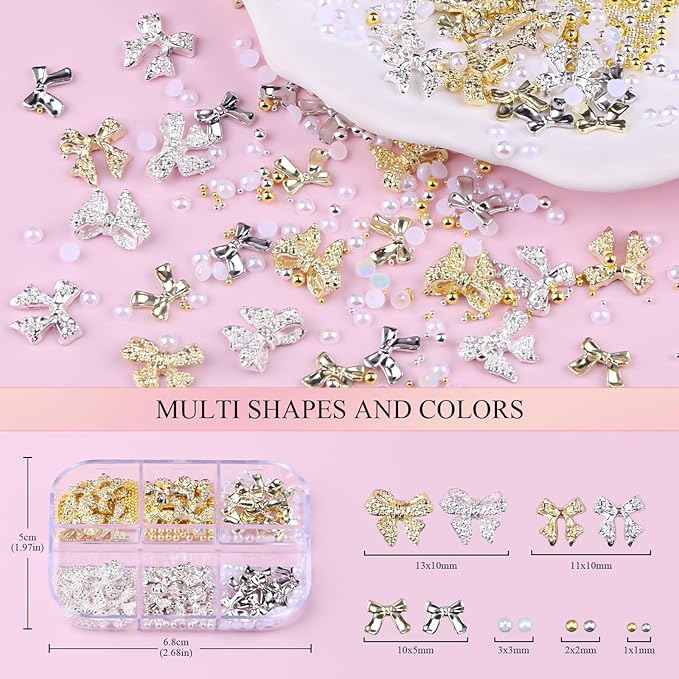 3D Metal Bowknot & AB Pearl and Mini Beads Nail Art Kit - Gold/Silver Alloy Bowknot, 1-2mm Stainless Steel Caviar Beads, 3mm Half Pearls for Professional Salon & DIY Manicure Jewelry Designs (Set 1)