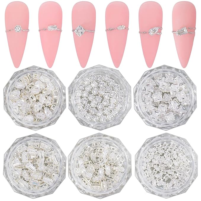 HNUIX 3D Nail Charms and Gems - 120Pcs Copper Metal Zircon, Silver Multiple Shape Smal Crystals Rhinestones, Nail Decorations Accessories for Nails Design