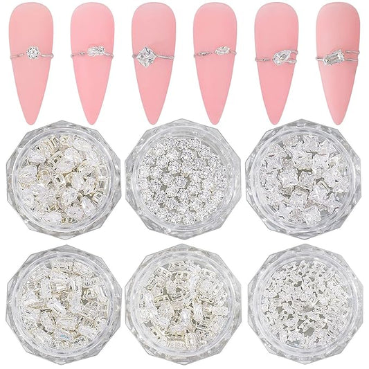 HNUIX 3D Nail Charms and Gems - 120Pcs Copper Metal Zircon, Silver Multiple Shape Smal Crystals Rhinestones, Nail Decorations Accessories for Nails Design