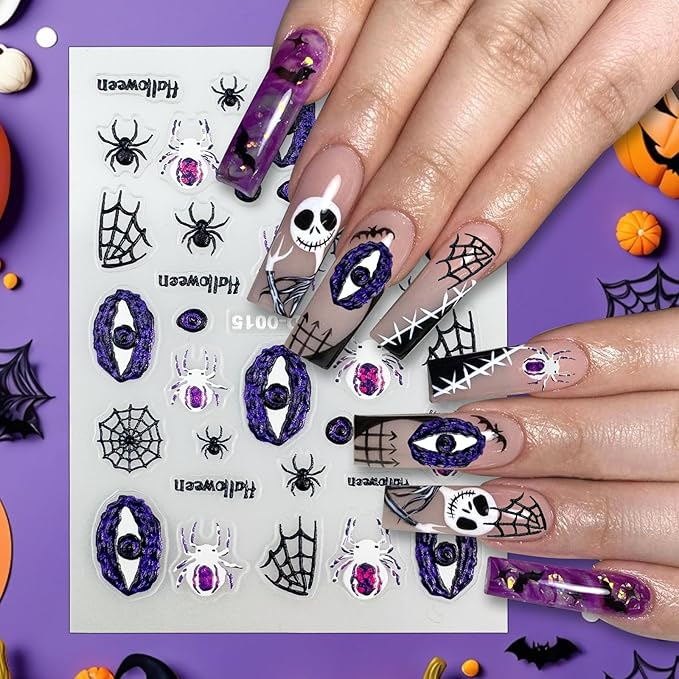 MUIIIGOOD 3 Sheet Halloween Nail Art Stickers Gradient Pumpkin, Horror Skull Ghost Mask Eyes Nail Decals, 3D Self-Adhesive Spider-Web Bat Design for DIY Nail Supplies Decoration Manicure Accessories